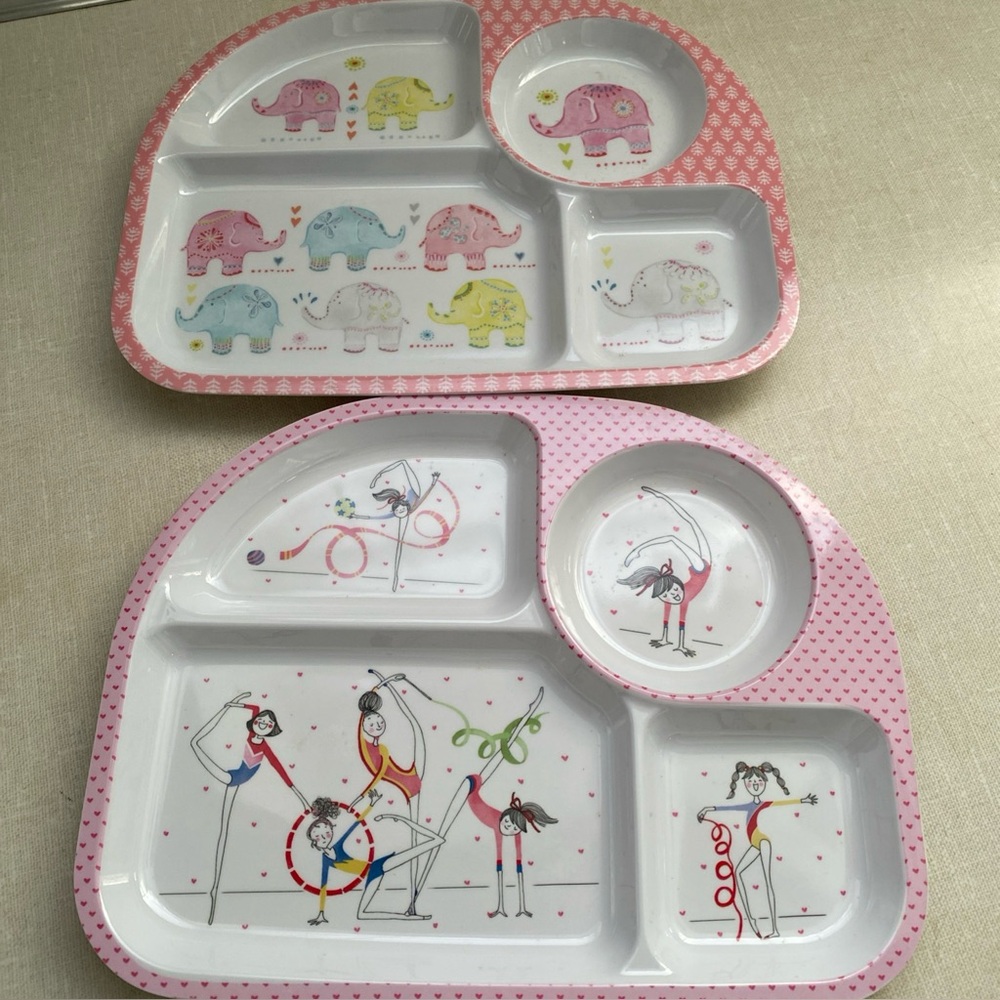 ZARA Home Kids Melamine Divided Plates‎ Set Of 2 Gymnastics Elephant Print New